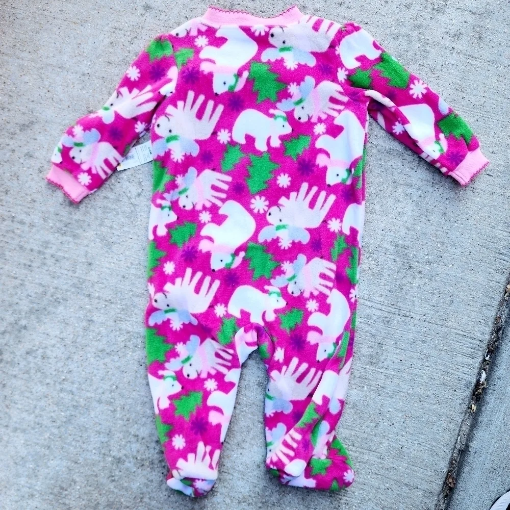 NWT Faded Glory Pink Fleece Polar Bear Footed Onsie Baby Size 3-6M Christmas New